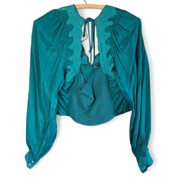 Free People Janelle V-Neck Lace Trim Corset-Style Blouse Teal Balloon Sleeves S - Picture 5 of 13